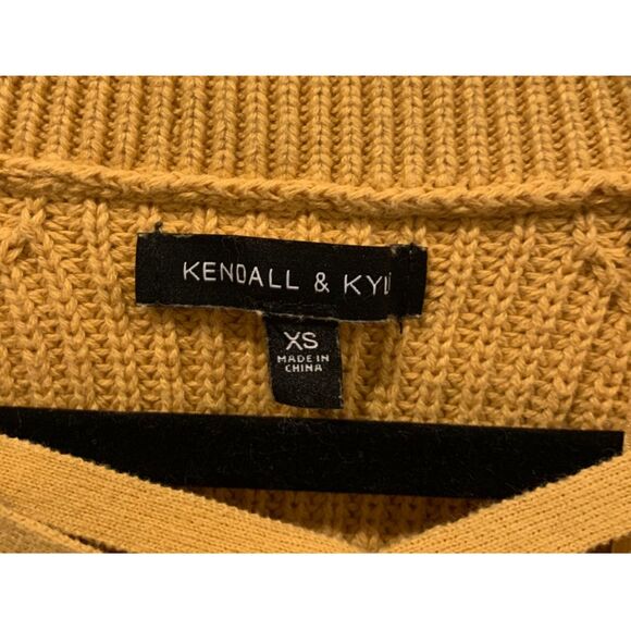 KENDALL & KYLIE Mustard Long Sleeve Lace Up V Neck Cropped Sweater - Picture 2 of 3